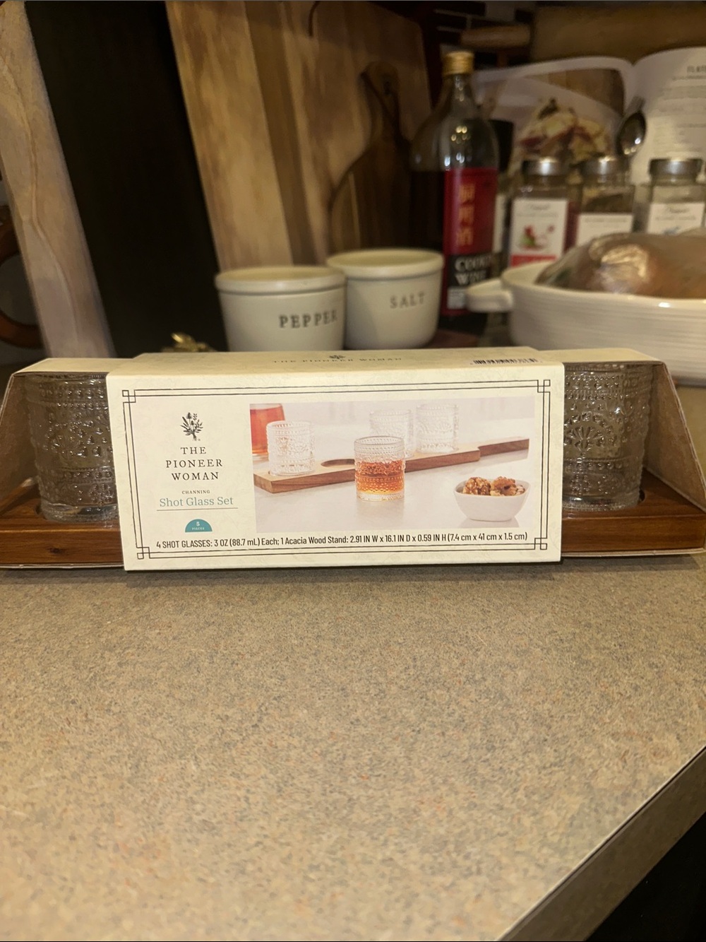 The Pioneer Woman Acacia Wood Stand with Clear Shot Glasses - Clear